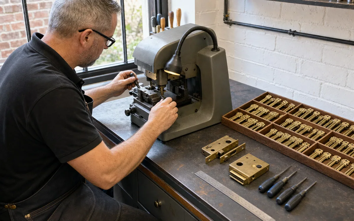 A locksmith's workbench with a key-cutting machine, blank keys and door locks laid out