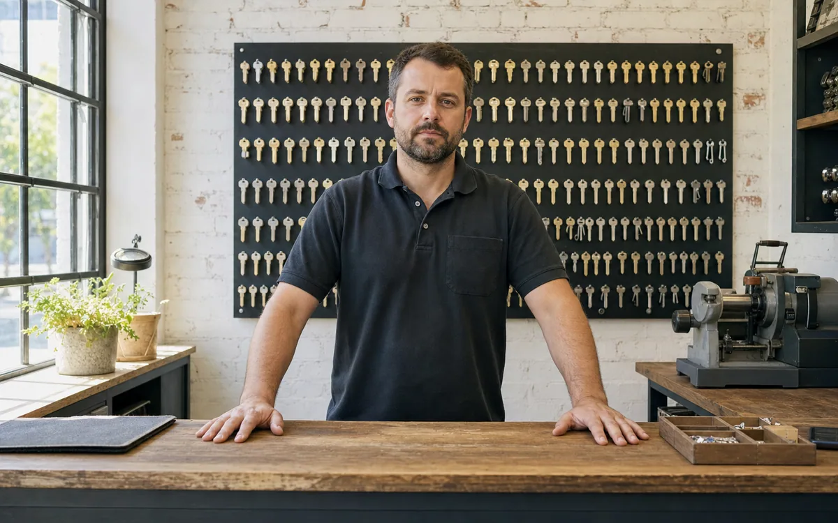 The counter inside the shop, with rows of blank keys on the wall behind