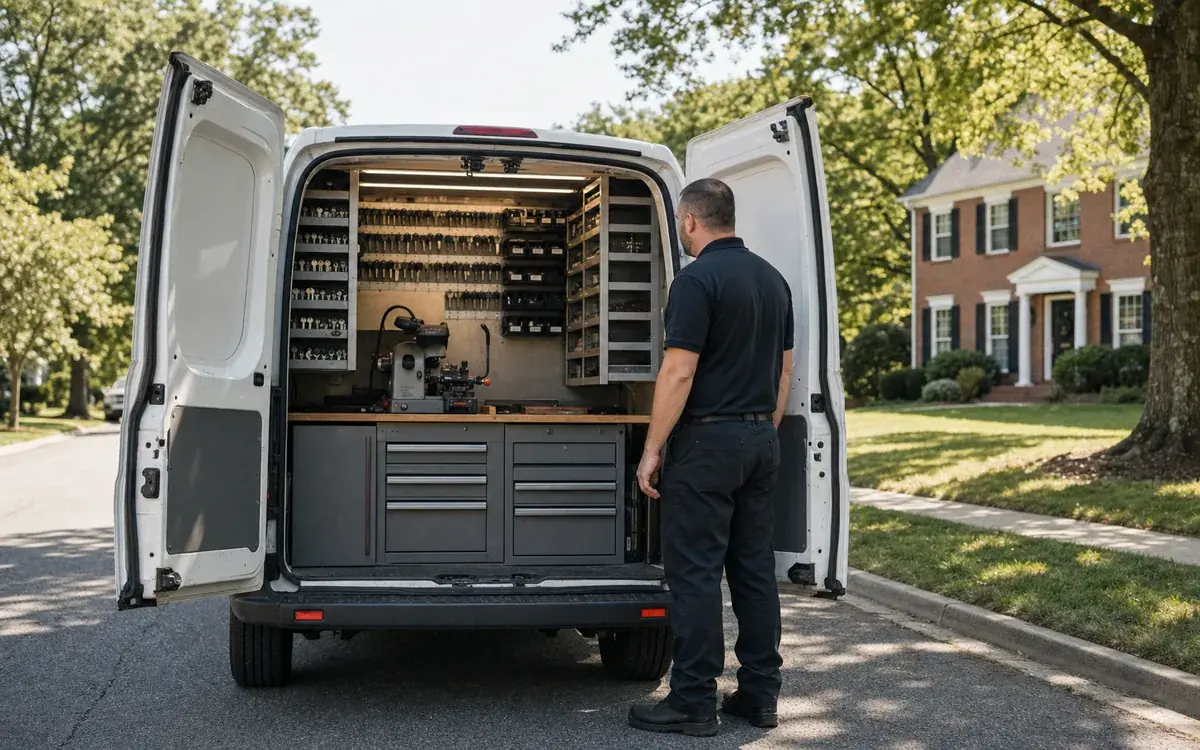 The back of the work van, fitted out as a mobile locksmith workshop